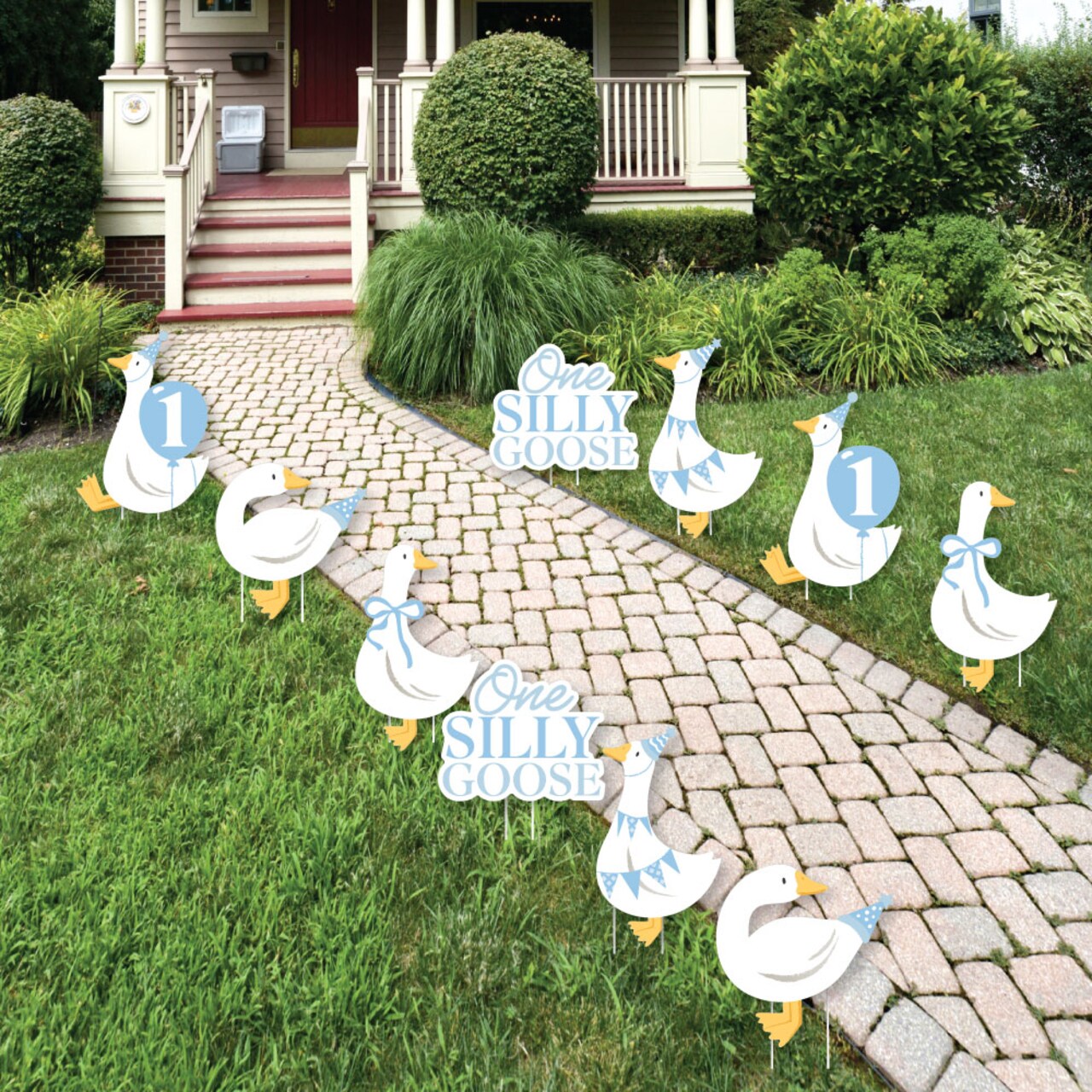 Big Dot of Happiness One Silly Goose Blue Outdoor Decorations, Boy 1st Birthday Lawn Ornaments, Goose-Themed Yard Signs with Stakes - 10 Piece Set